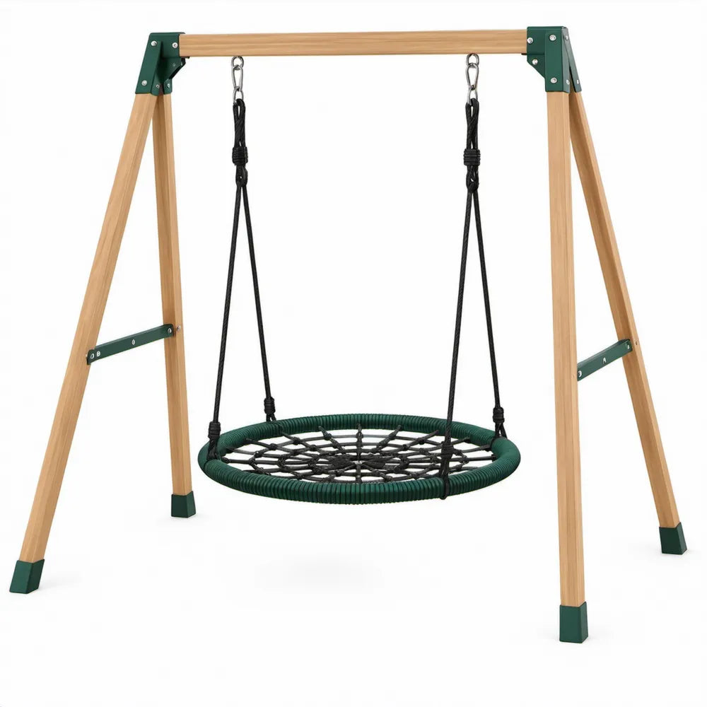 Massief grenenhouten schommelrek met ronde nestschommel 256 x 185 x 200 cm - Naturel/Groen/Zwart