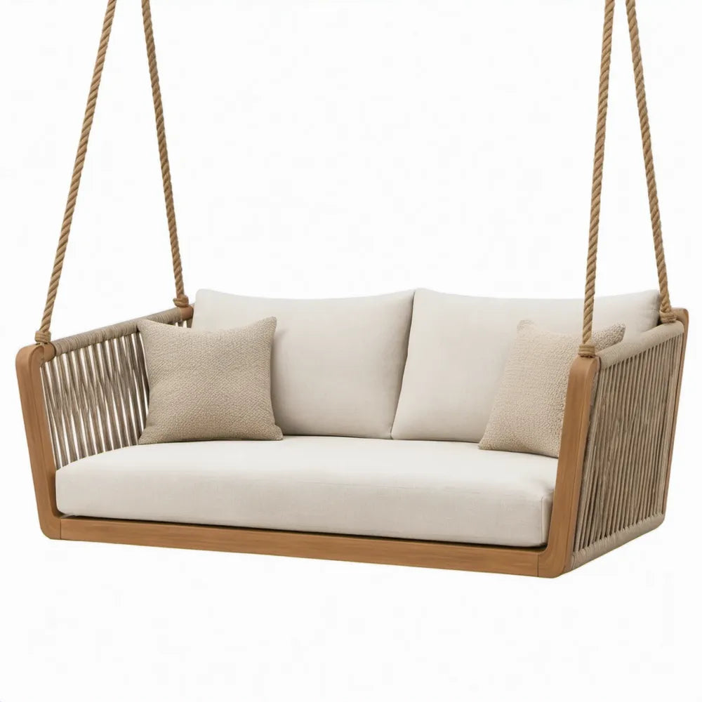 Hangbank voor 2 Personen 150 x 75 x 65 cm van Massief Acaciahout met Beige Kussens