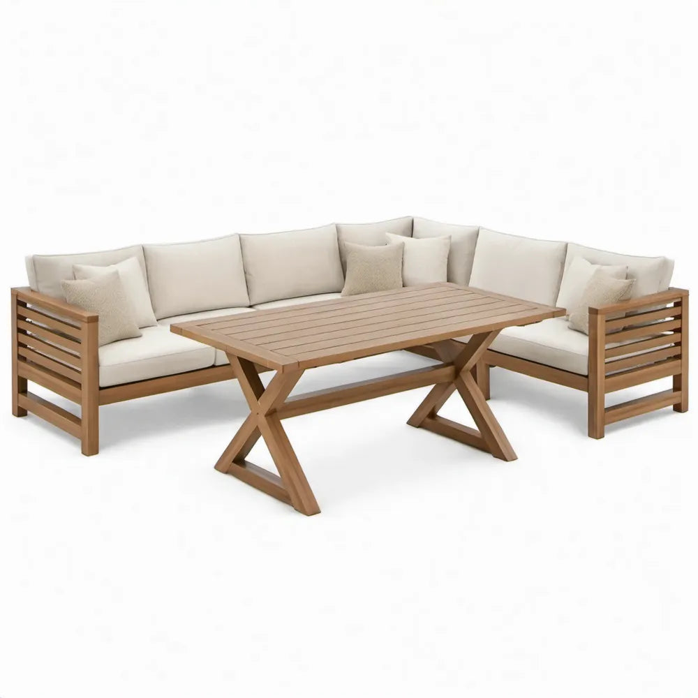 Hoekopstelling met tafel van massief acaciahout, naturelbruin en crème, 280 x 220 cm