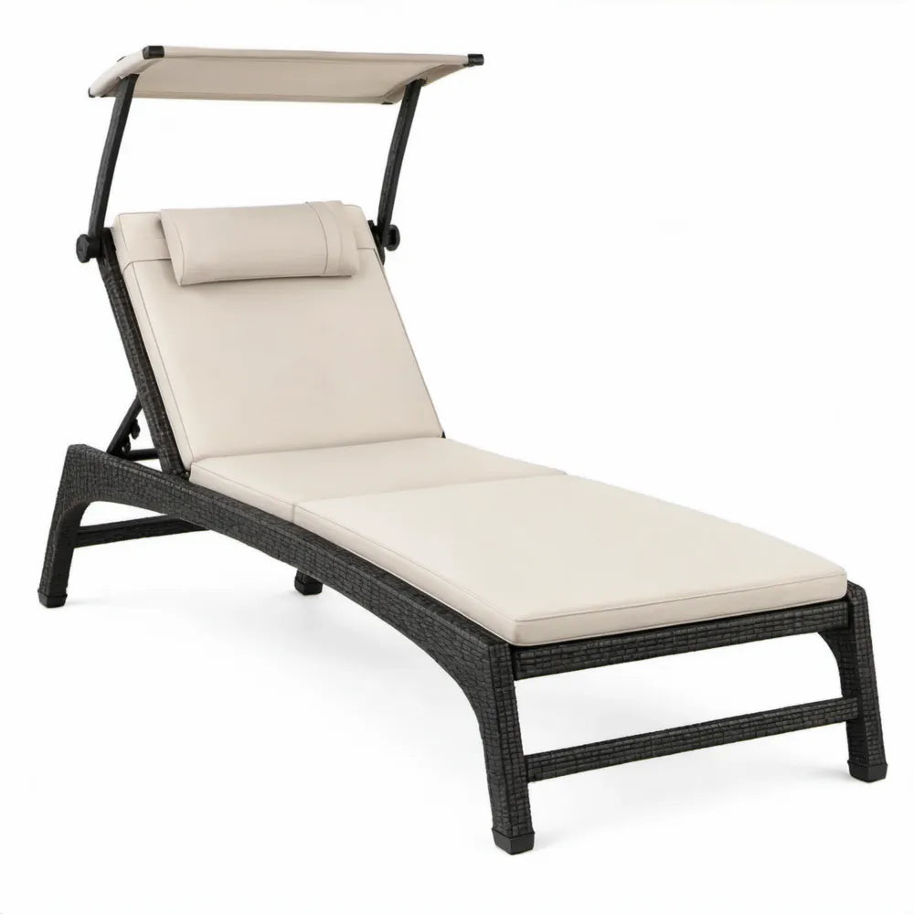 Verstelbaar zwart PE-rattan ligbed met crèmewit kussen en zonnedak, 200 x 65 x 34 cm