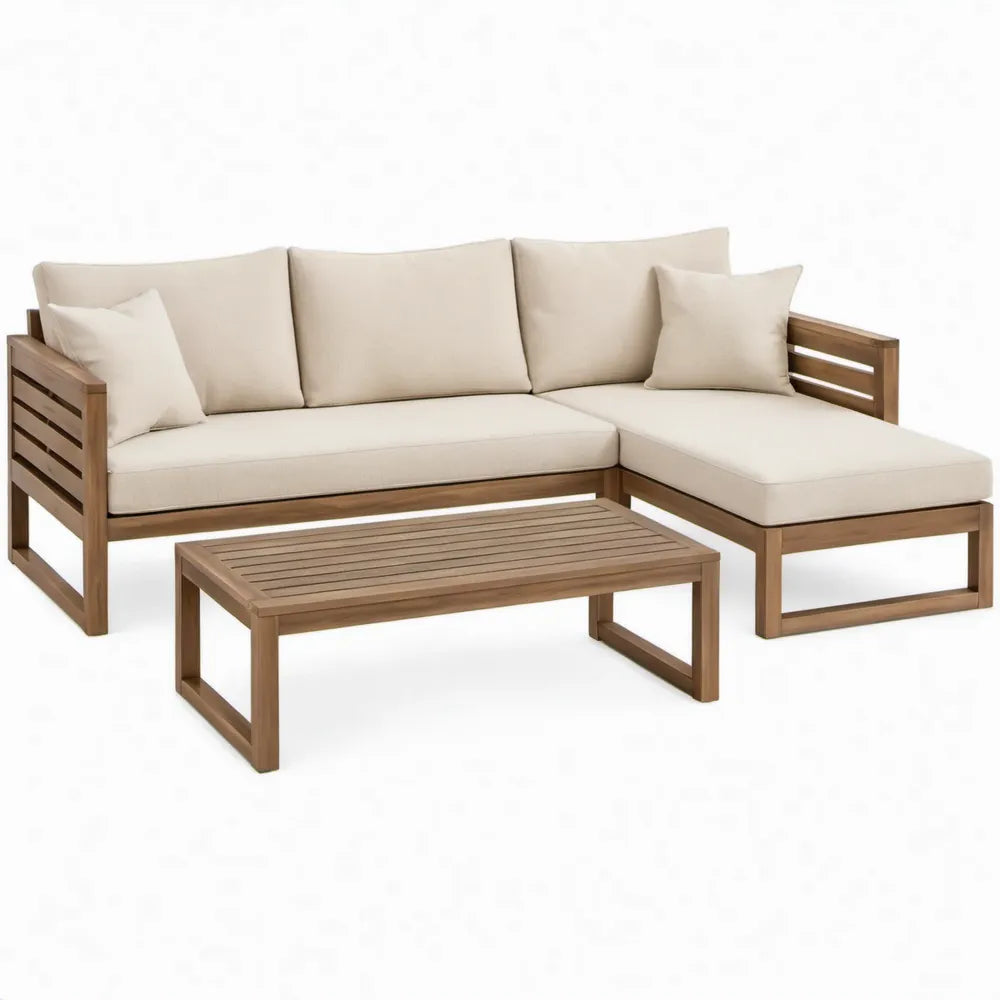 Hoekloungeset van acaciahout met beige kussens en tafel, 187 x 128 x 65 cm