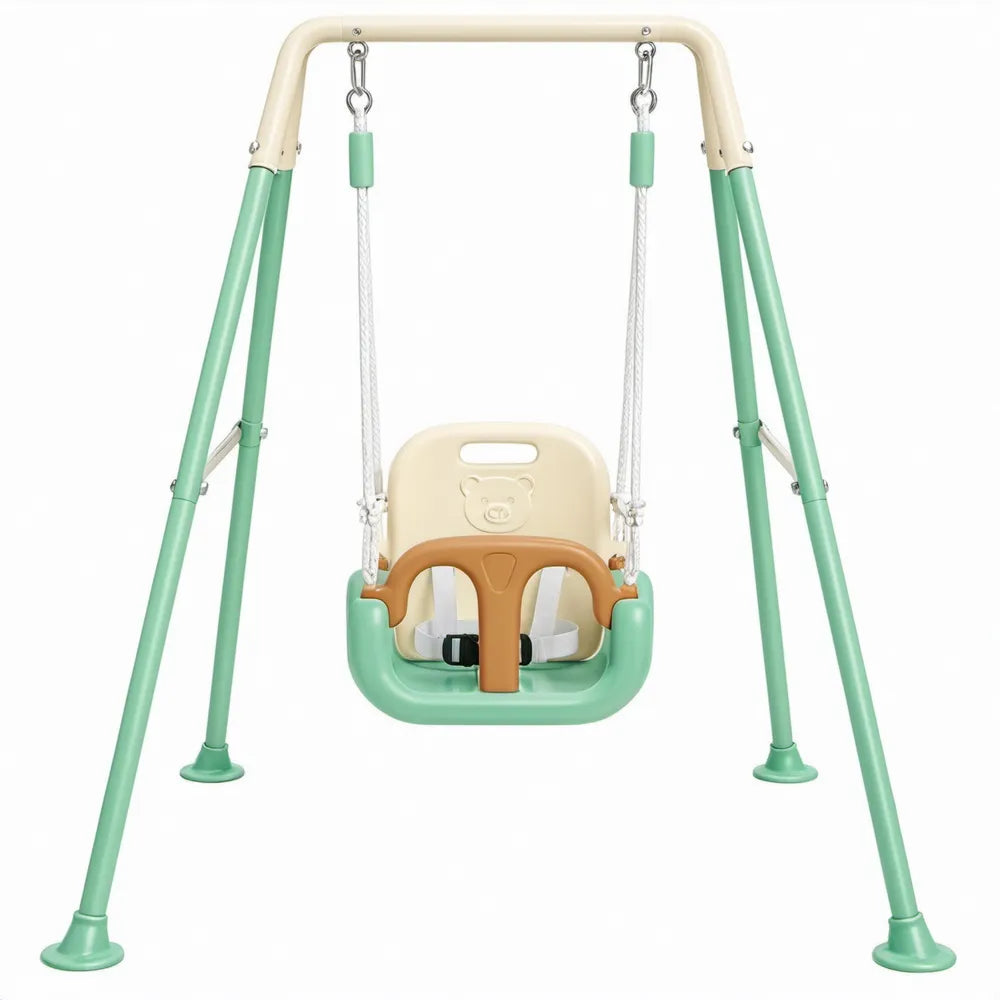 Peuterschommel met veiligheidszitje en A-frame 150 x 120 x 180 cm – Groen/Crème/Bruin