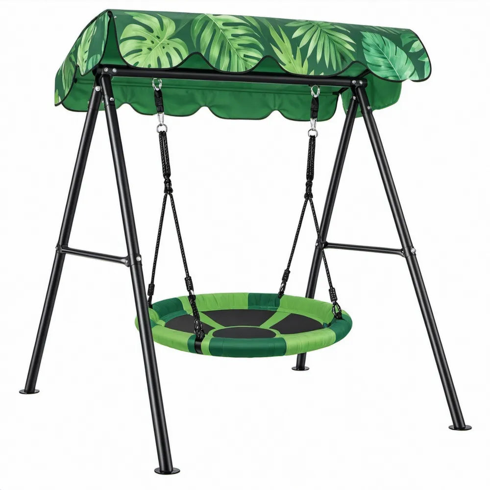 Kinder-nestschommel met bladerenluifel, rond 100 cm, 170 x 150 x 180 cm, groen/zwart