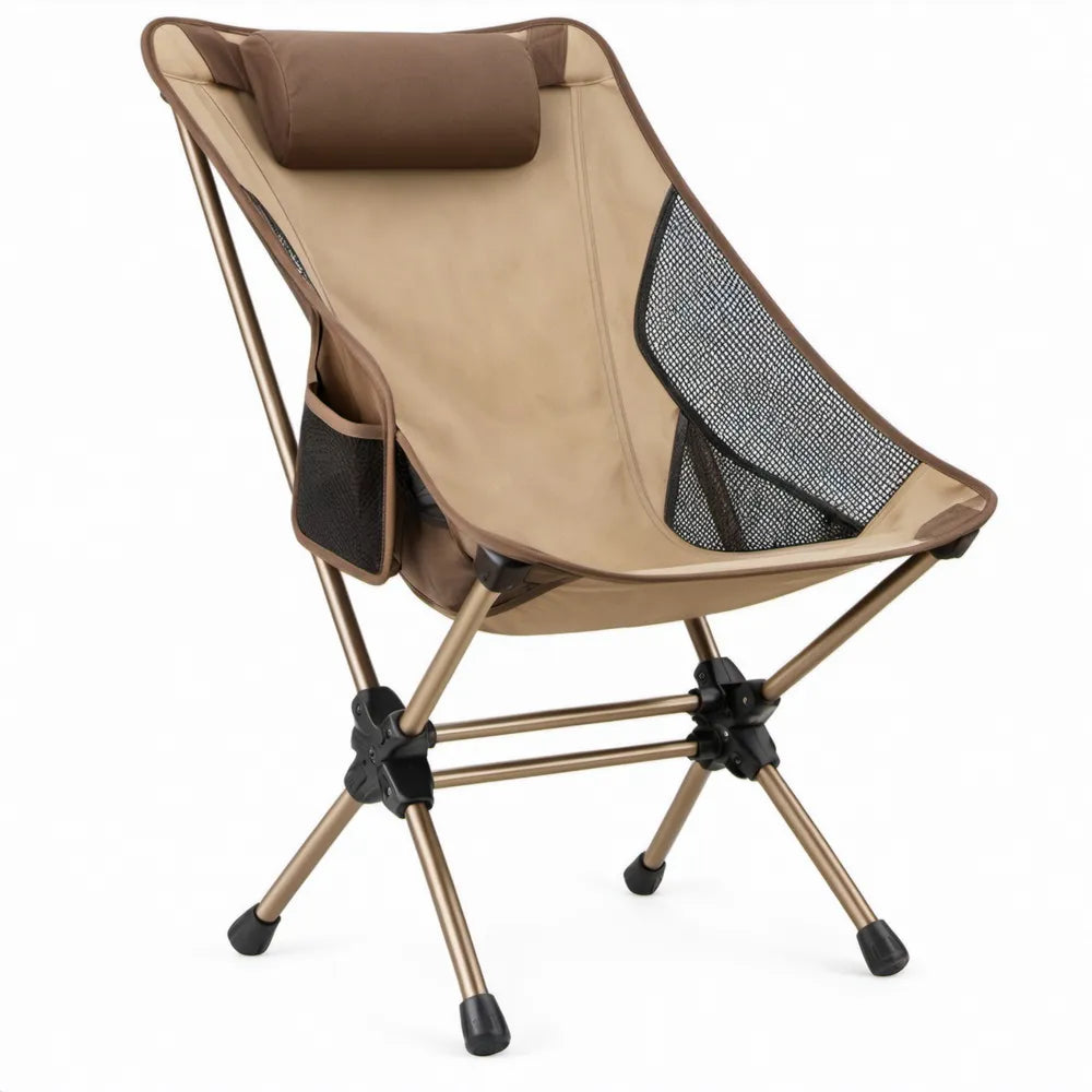 Opvouwbare campingstoel met hoofdsteun en zijvak, 80 x 60 x 95 cm, bruin/beige/zwart