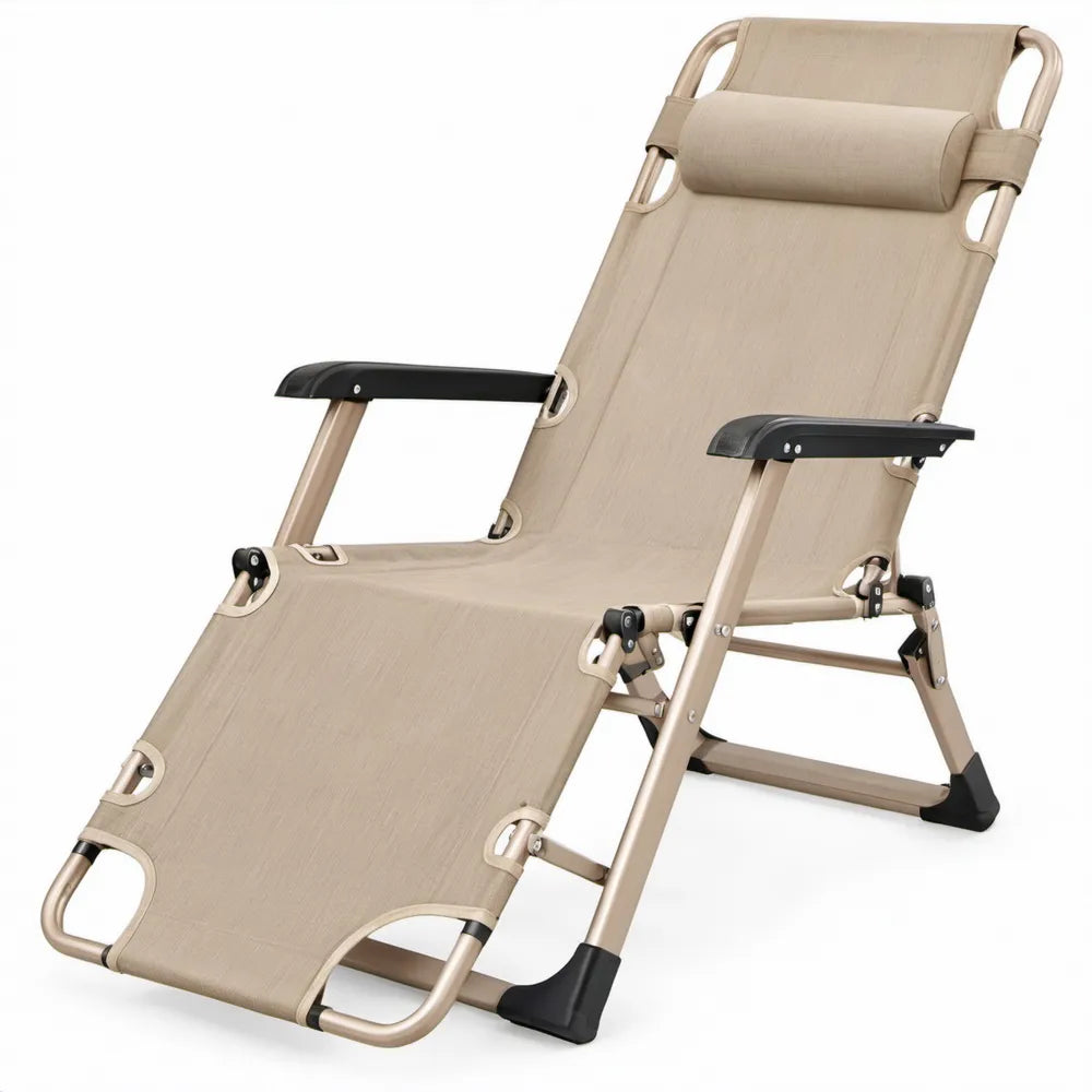 Verstelbare campingstoel met ligstand en hoofdkussen, 165 x 65 x 80 cm, Beige/Zwart