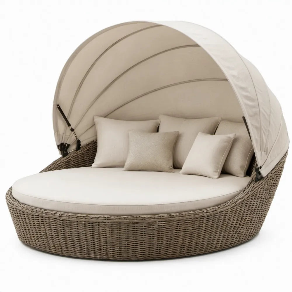 Ronde tuinloungebank met verstelbare kap van PE-vlechtwerk, bruin/beige, 180 x 160 x 150 cm