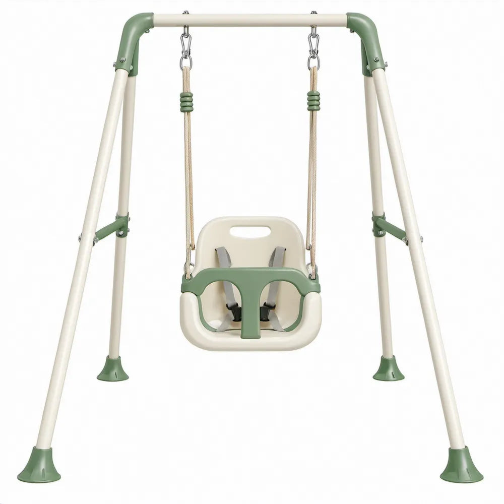 Babyschommel met A-frame en veiligheidszitje, 107 x 96 x 126 cm, Beige/Groen