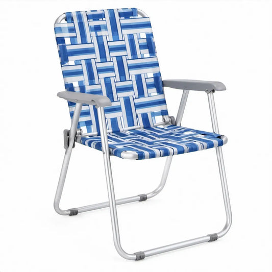 Opvouwbare stoel met armleuningen, aluminium en PVC, 58 x 62 x 85 cm, blauw/wit