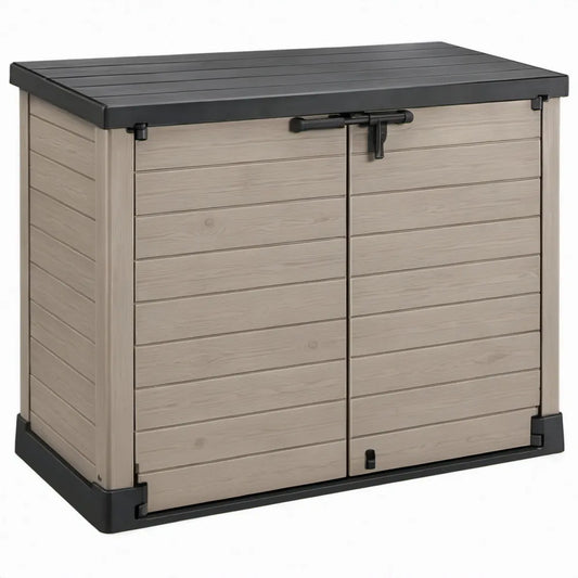 Taupe-zwarte opbergkast van polypropyleen met houtnerfstructuur, 120 x 70 x 110 cm