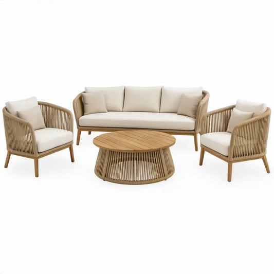 4-delige loungeset van acaciahout met beige touw en gebroken witte kussens – bank 180 x 78 x 78 cm