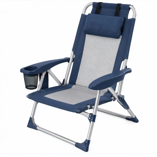 Verstelbare opvouwbare campingstoel 60 x 75 x 105 cm blauw grijs aluminium met hoofdsteun en bekerhouder