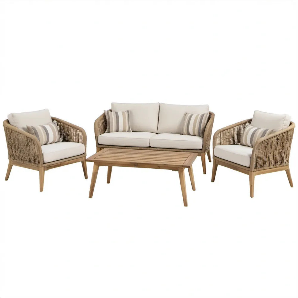 4-delige tuinloungeset met 2-zitsbank, 2 fauteuils en salontafel – naturel bruin, beige en crème – bank 150 x 75 x 80 cm
