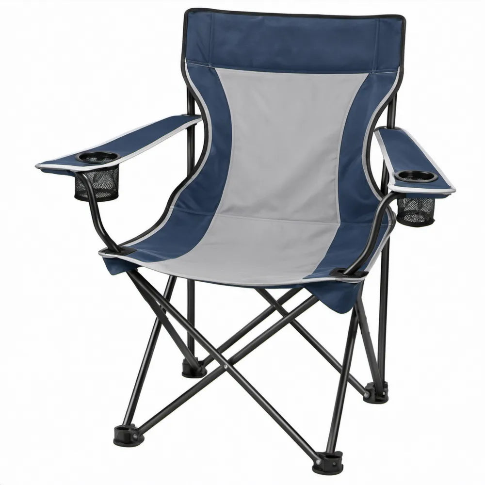Opvouwbare stoel met armleuningen, bekerhouders en opbergvakken – blauw/grijs/zwart – 60 x 90 x 100 cm
