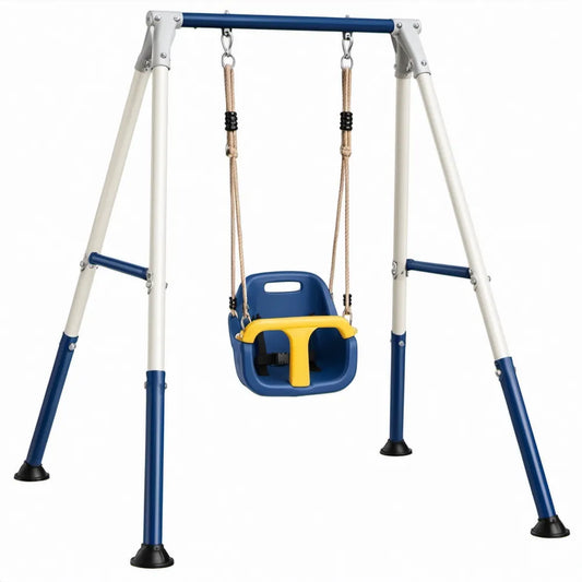 Babyschommel met stalen A-frame en veiligheidszitje 140 x 120 x 125 cm Blauw/Wit/Geel