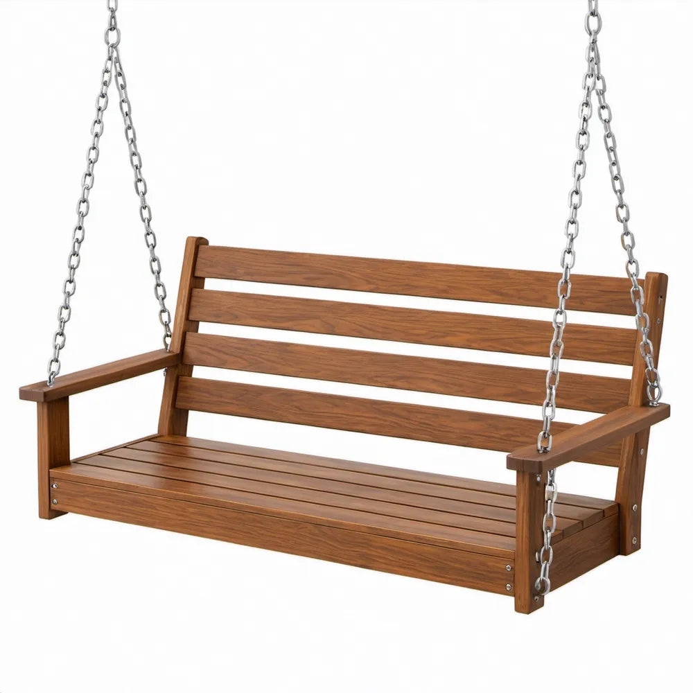 Hangschommelbank 120 x 65 x 57 cm van massief acaciahout met verzinkte stalen kettingen, Bruin/Zilver