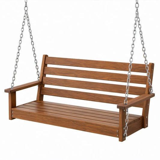 Hangschommelbank 120 x 65 x 57 cm van massief acaciahout met verzinkte stalen kettingen, Bruin/Zilver