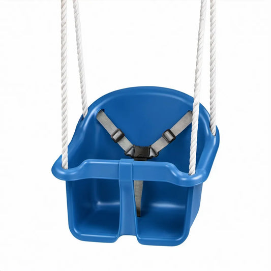 Blauwe babyschommel met rugleuning en 3-puntsgordel, 36 x 39 x 49 cm