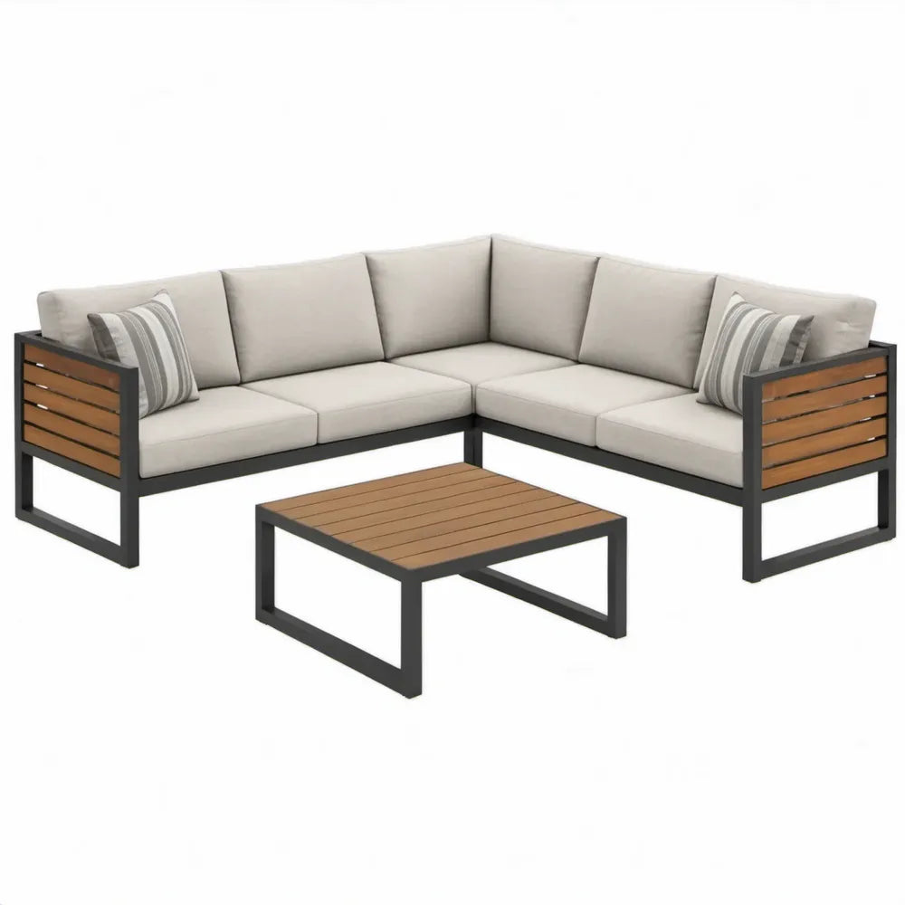 3-delige hoekloungeset 220 x 220 cm met beige kussens, acaciahout en zwart stalen frame