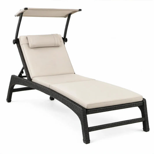 Verstelbaar zwart PE-rattan ligbed met crèmewit kussen en zonnedak, 200 x 65 x 34 cm