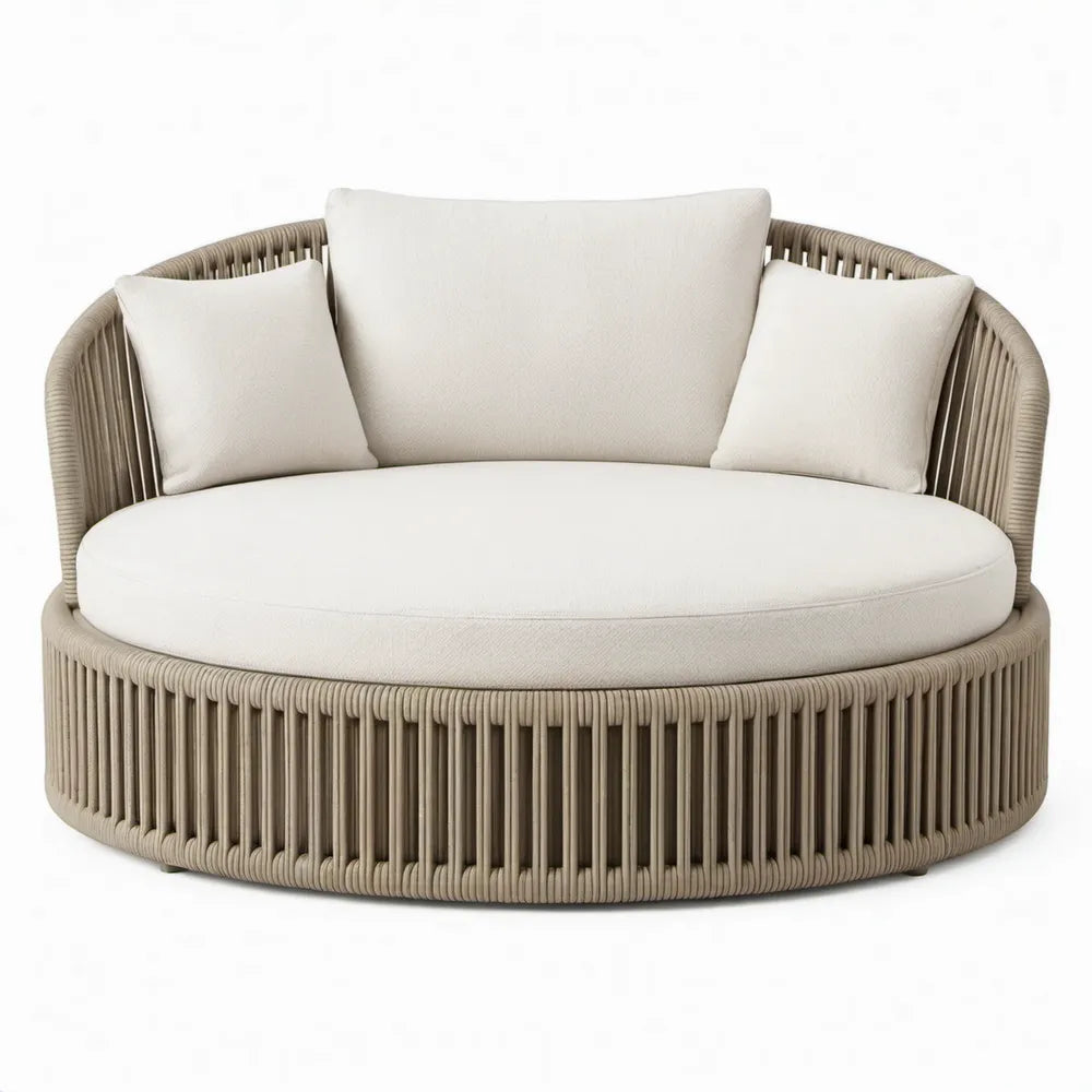 Rond tuinligbed 160 x 160 x 80 cm beige met gebroken witte polyester kussens