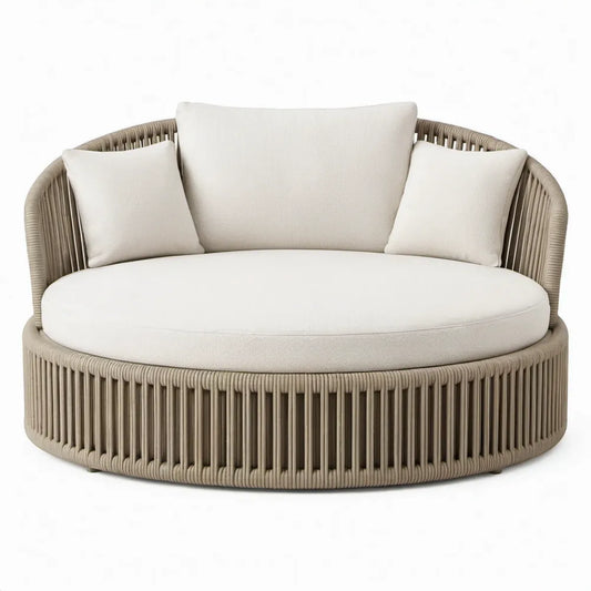 Rond tuinligbed 160 x 160 x 80 cm beige met gebroken witte polyester kussens