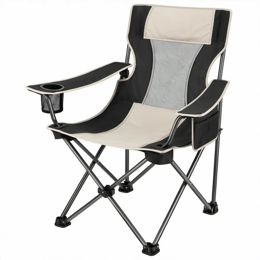 Opvouwbare campingstoel met hoge rugleuning, bekerhouder en opbergvakken, 60 x 60 x 95 cm, Zwart/Beige/Grijs