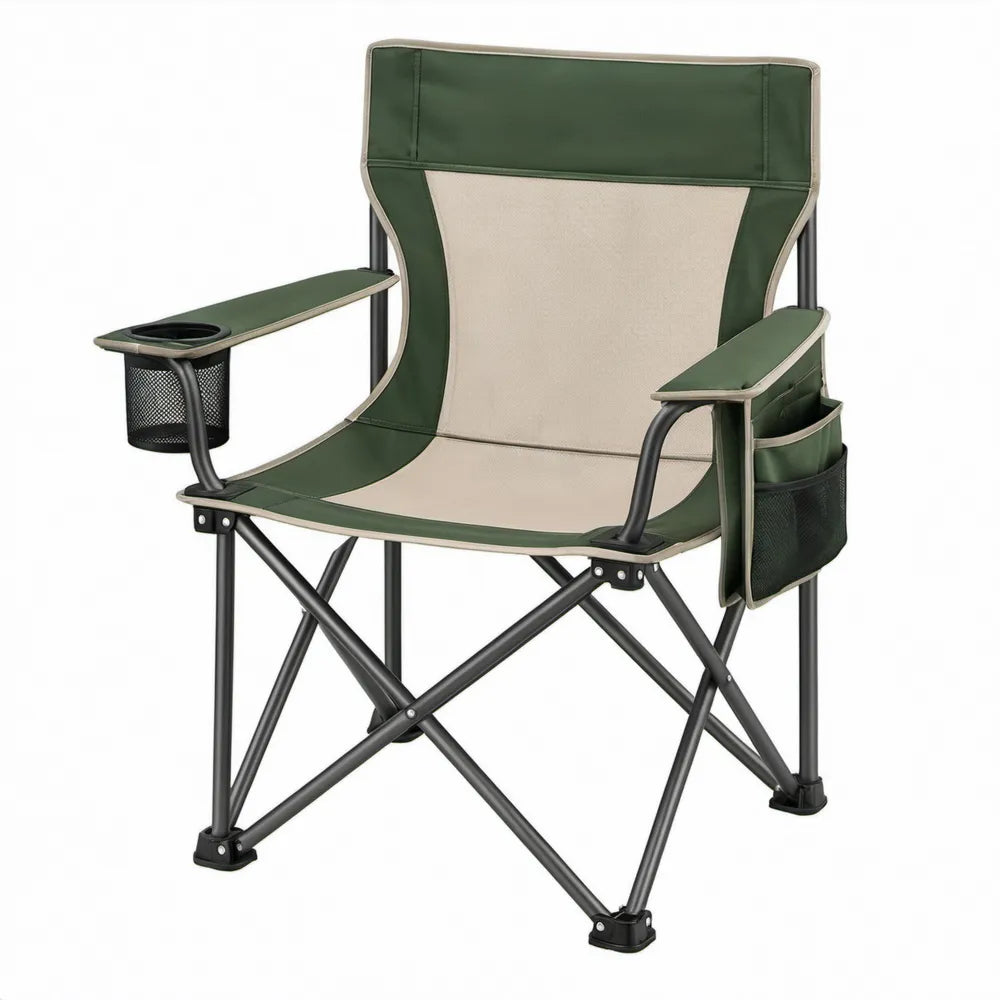Opvouwbare campingstoel 60 x 55 x 90 cm met hoge rugleuning, bekerhouder en zijvakken – Groen/Beige/Zwart