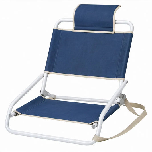 Opvouwbare lage strandstoel met verstelbare rugleuning en draagriem, 55 x 48 x 60 cm, donkerblauw/wit/beige