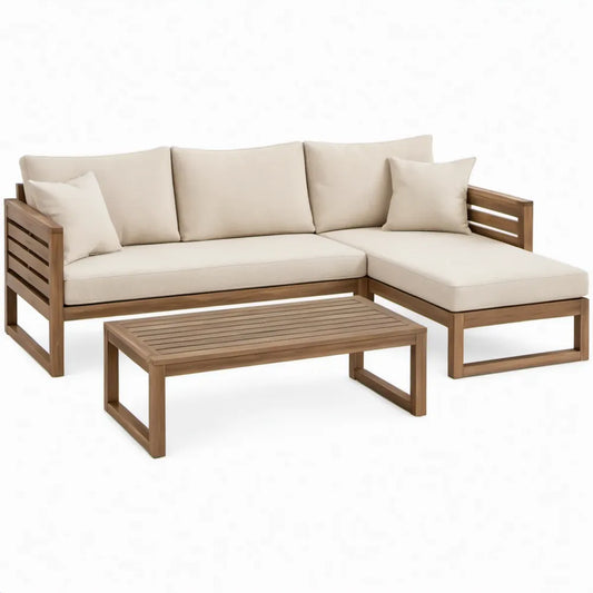 Hoekloungeset van acaciahout met beige kussens en tafel, 187 x 128 x 65 cm
