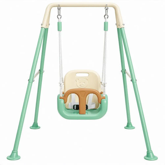 Peuterschommel met veiligheidszitje en A-frame 150 x 120 x 180 cm – Groen/Crème/Bruin