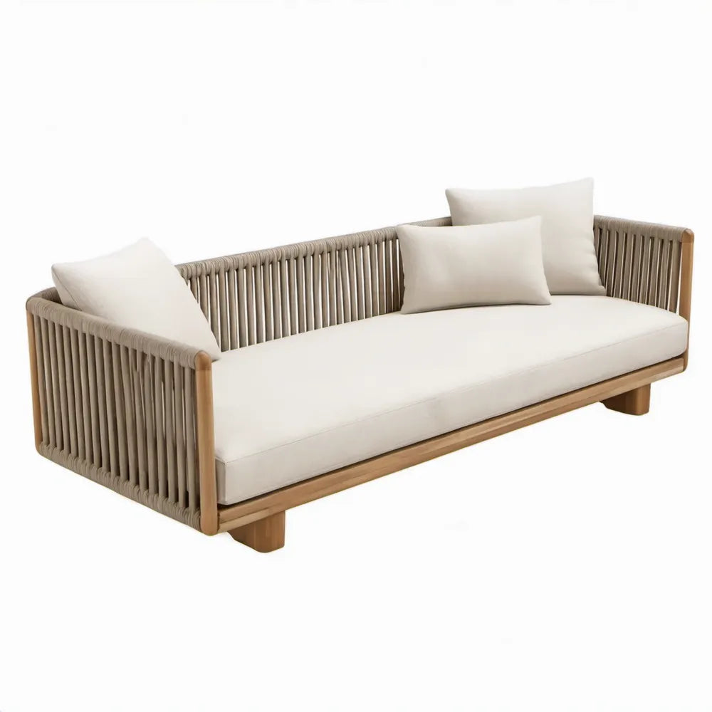3-zits tuinbank 210 x 80 x 75 cm van massief acaciahout met taupekleurig touw en beige kussens