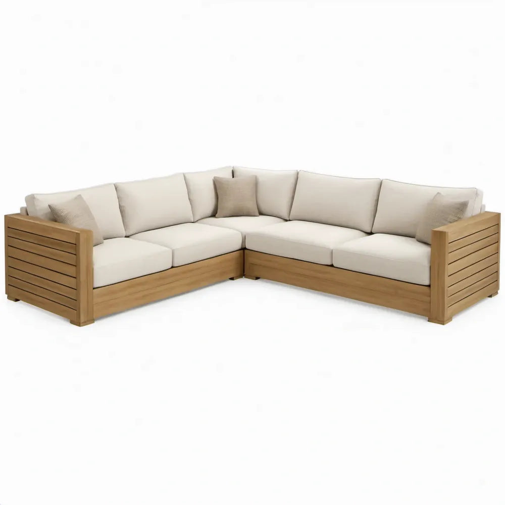 L-vormige 5-zits hoekbank van massief acaciahout met beige kussens, 300 x 300 x 75 cm