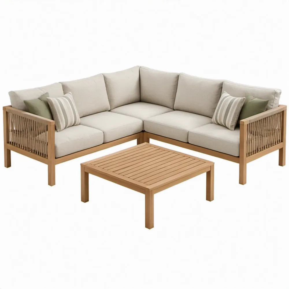 4-delige hoekloungeset van acaciahout met salontafel, naturelbruin/beige/olijfgroen, 220 x 220 x 70 cm