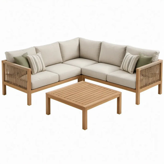 4-delige hoekloungeset van acaciahout met salontafel, naturelbruin/beige/olijfgroen, 220 x 220 x 70 cm