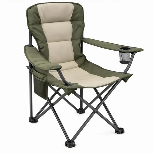 Inklapbare campingstoel met armleuningen, bekerhouder en opbergvakken, 92 x 60 x 105 cm, groen/beige