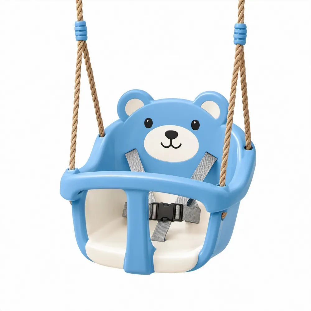 Berenvormige babyschommel met veiligheidsbeugel en harnas, 36 x 36 x 39 cm, blauw/wit/beige/grijs