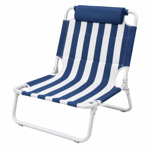 Opvouwbare lage strandstoel 58 x 68 x 80 cm blauw/wit gestreept met polyester zitting en stalen frame