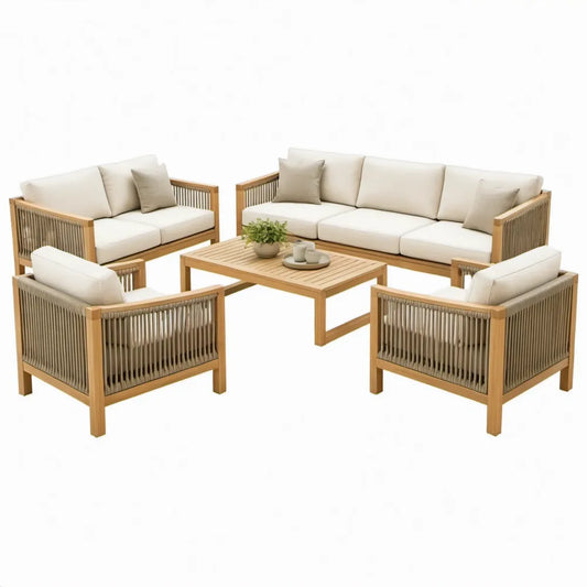 5-delige loungeset van acaciahout met beige kussens, taupekleurig koord en salontafel – 3-zitsbank 200 x 75 x 75 cm