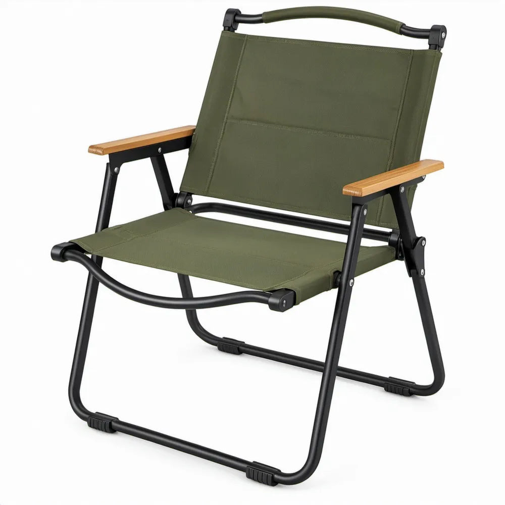 Opvouwbare campingstoel met armleuningen en draagbeugel, 55 x 60 x 85 cm, olijfgroen/zwart/naturel