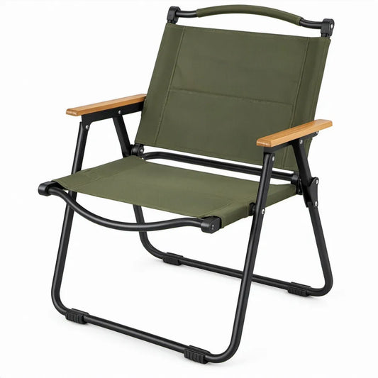 Opvouwbare campingstoel met armleuningen en draagbeugel, 55 x 60 x 85 cm, olijfgroen/zwart/naturel
