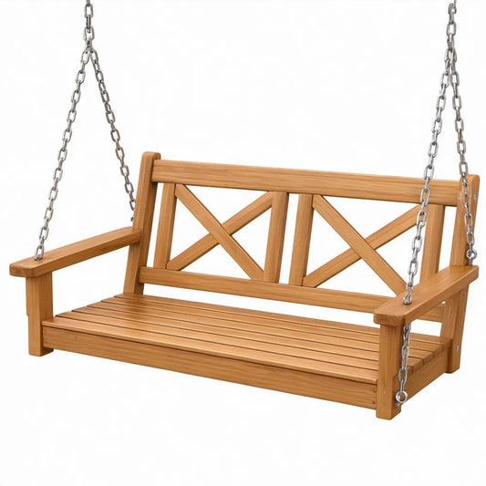 Schommelbank voor 2 personen van massief acaciahout met verzinkte stalen kettingen, 120 x 65 x 55 cm, naturelbruin/zilver