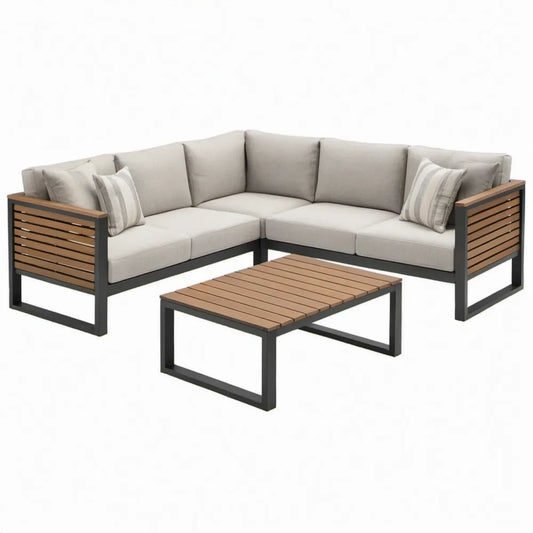 Hoekloungeset met salontafel, 218 x 218 x 80 cm, beige/bruin/zwart, aluminium en acaciahout