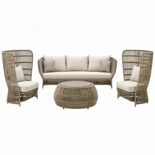 4-delige loungeset van taupe PE-rotan met gebroken witte kussens – 3-zitsbank, 2 hoge stoelen en ronde tafel