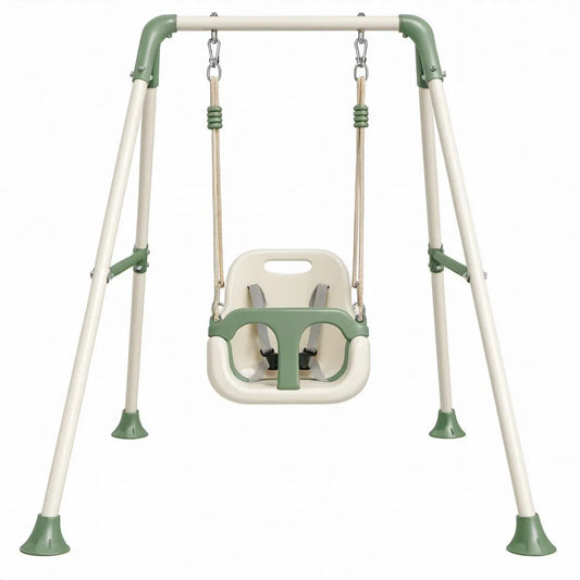 Babyschommel met A-frame en veiligheidszitje, 107 x 96 x 126 cm, Beige/Groen