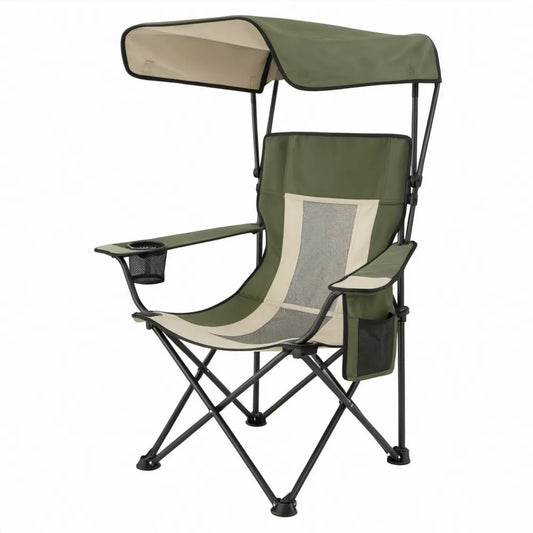 Opvouwbare campingstoel met verstelbaar zonnescherm, bekerhouder en zijvak, Groen/Beige/Zwart, 80 x 60 x 145 cm