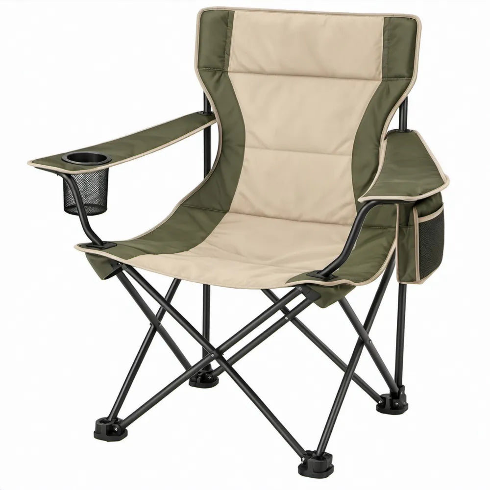 Inklapbare campingstoel met hoge rugleuning, bekerhouder en opbergvak – 60 x 60 x 100 cm – Groen/Beige/Zwart