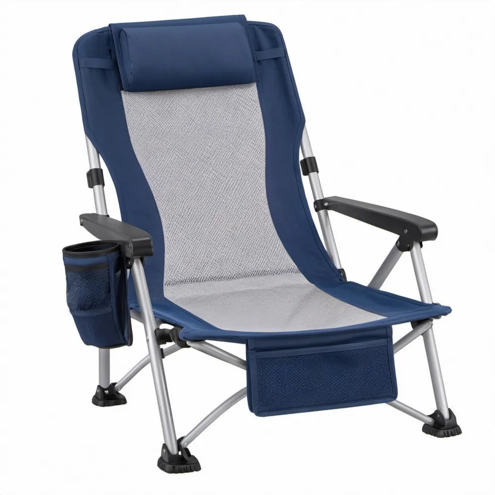 Verstelbare opvouwbare campingstoel met aluminium frame, marineblauw/grijs/zwart/zilver, 62 x 76 x 102 cm