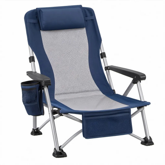 Verstelbare opvouwbare campingstoel met aluminium frame, marineblauw/grijs/zwart/zilver, 62 x 76 x 102 cm