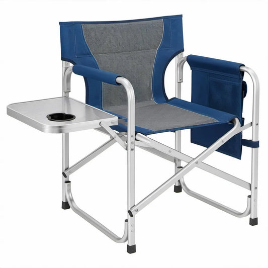 Inklapbare campingstoel met zijtafel en bekerhouder, 86 x 48 x 80 cm, blauw/grijs/zilver
